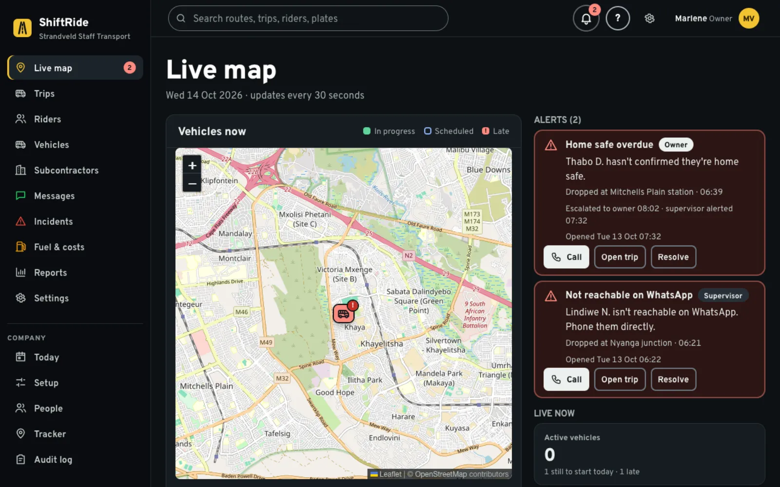 The ShiftRide office on a computer: a live map of vehicles, open alerts and today's numbers